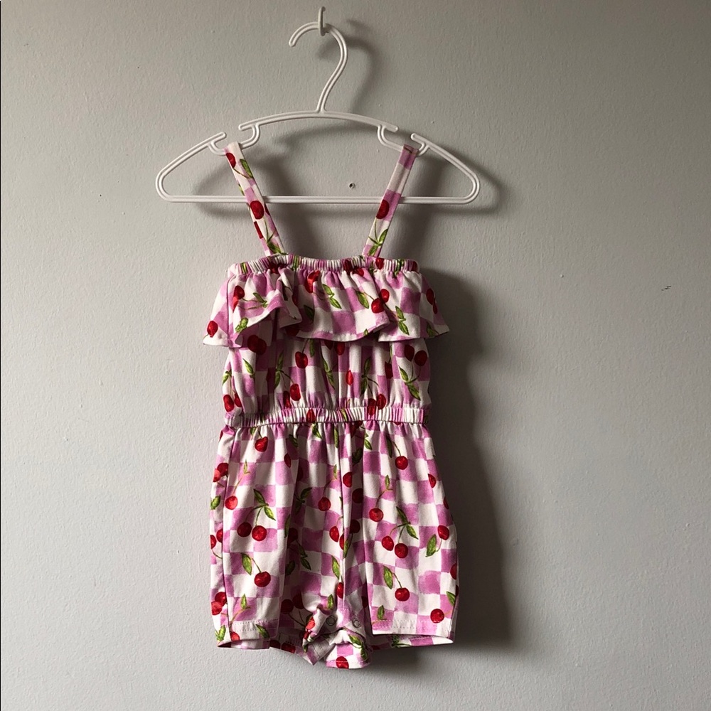Girls Pink Cherry-Print Ruffle Romper
